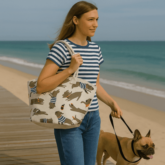 Saco de Praia em Juta – Bulldog Francês – Ecológico, Reutilizável e Espaçoso, Dimensões: 41 × 53 × 15 cm, Ideal para Compras, Praia ou Uso Diário, Design Charmoso para Amantes de Cães