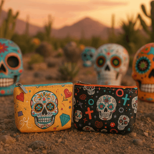 Carteira Dia dos Mortos em PVC – Design Colorido com Caveiras Mexicanas, Compacta e Prática, Fecho Metálico Resistente, Dimensões: 9 × 9 × 3 cm, Ideal para Moedas, Notas ou Pequenos Acessórios