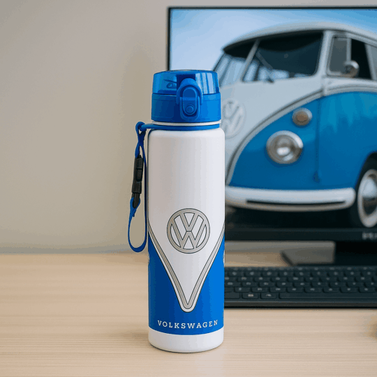 Garrafa Reutilizável Antiquebra com Topo Pop – Volkswagen VW T1 Camper Bus Azul – Capacidade de 600 ml, Livre de BPA, Ideal para Bebidas Frias, Design Oficial, Vedação em Silicone, Dimensões: 24 × 6,5 × 6,5 cm