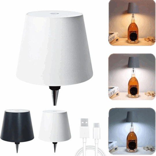 Candeeiro LED de Garrafa Recarregável – Lâmpada de Mesa Portátil com Sensor Touch, 3 Intensidades de Luz, Mudança de Cor, Autonomia até 13h, Compatível com Gargalos até 3 cm