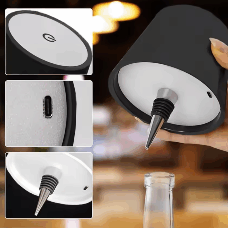 Candeeiro LED de Garrafa Recarregável – Lâmpada de Mesa Portátil com Sensor Touch, 3 Intensidades de Luz, Mudança de Cor, Autonomia até 13h, Compatível com Gargalos até 3 cm