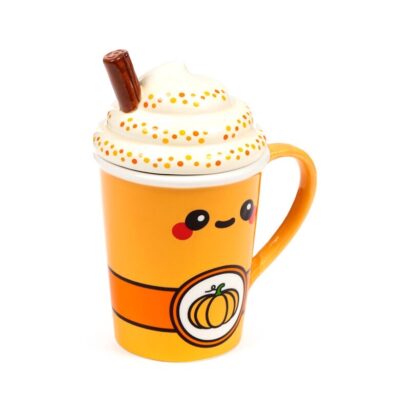 Caneca de Cerâmica com Tampa Foodiemals – Latte de Abóbora e Especiarias, Design Divertido, 400 ml, Ideal para Bebidas Quentes