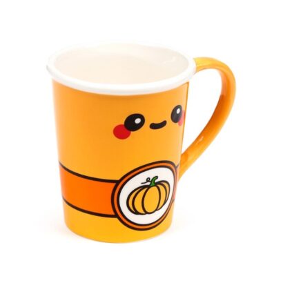 Caneca de Cerâmica com Tampa Foodiemals – Latte de Abóbora e Especiarias, Design Divertido, 400 ml, Ideal para Bebidas Quentes