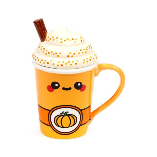 Caneca de Cerâmica com Tampa Foodiemals – Latte de Abóbora e Especiarias, Design Divertido, 400 ml, Ideal para Bebidas Quentes