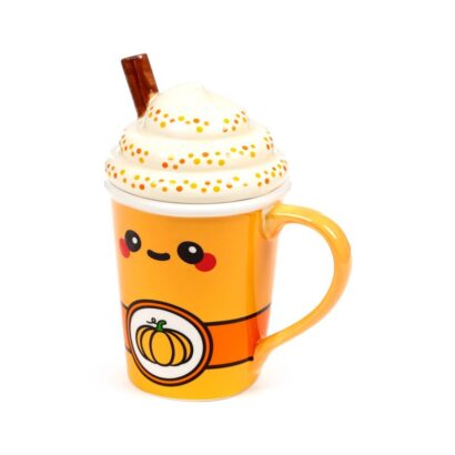 Caneca de Cerâmica com Tampa Foodiemals – Latte de Abóbora e Especiarias, Design Divertido, 400 ml, Ideal para Bebidas Quentes