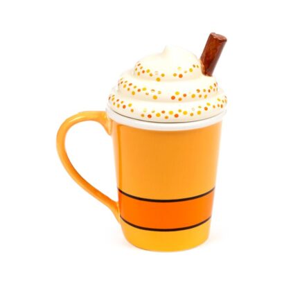 Caneca de Cerâmica com Tampa Foodiemals – Latte de Abóbora e Especiarias, Design Divertido, 400 ml, Ideal para Bebidas Quentes