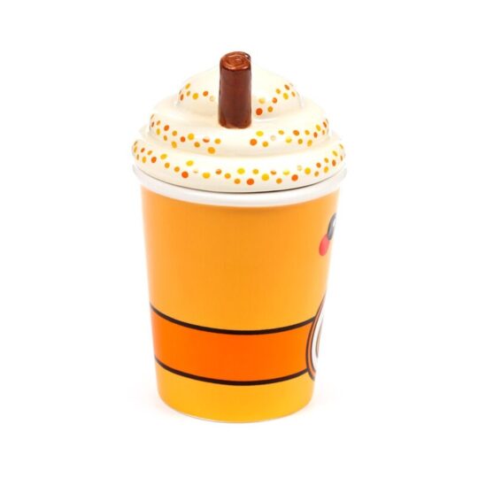 Caneca de Cerâmica com Tampa Foodiemals – Latte de Abóbora e Especiarias, Design Divertido, 400 ml, Ideal para Bebidas Quentes