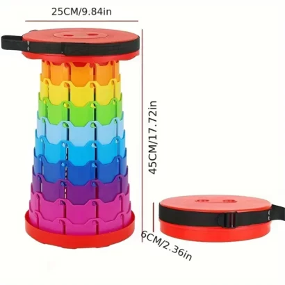 Banco retrátil dobrável arco-Íris - Banco portátil telescópico, cor vermelha, altura ajustável 6,5 a 45 cm, suporta até 130 kg, Alça ajustável para transporte, Ideal para piqueniques, campismo e eventos ao ar livre