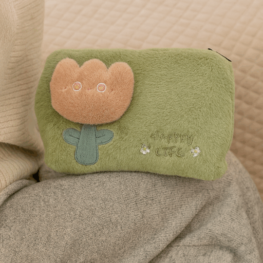 Saco de Água Quente Elétrico Recarregável – Bolsa Térmica com Capa Felpuda Removível (Flor Happy Life), Aquecedor Portátil e Seguro, Ideal para Mãos, Pés e Corpo