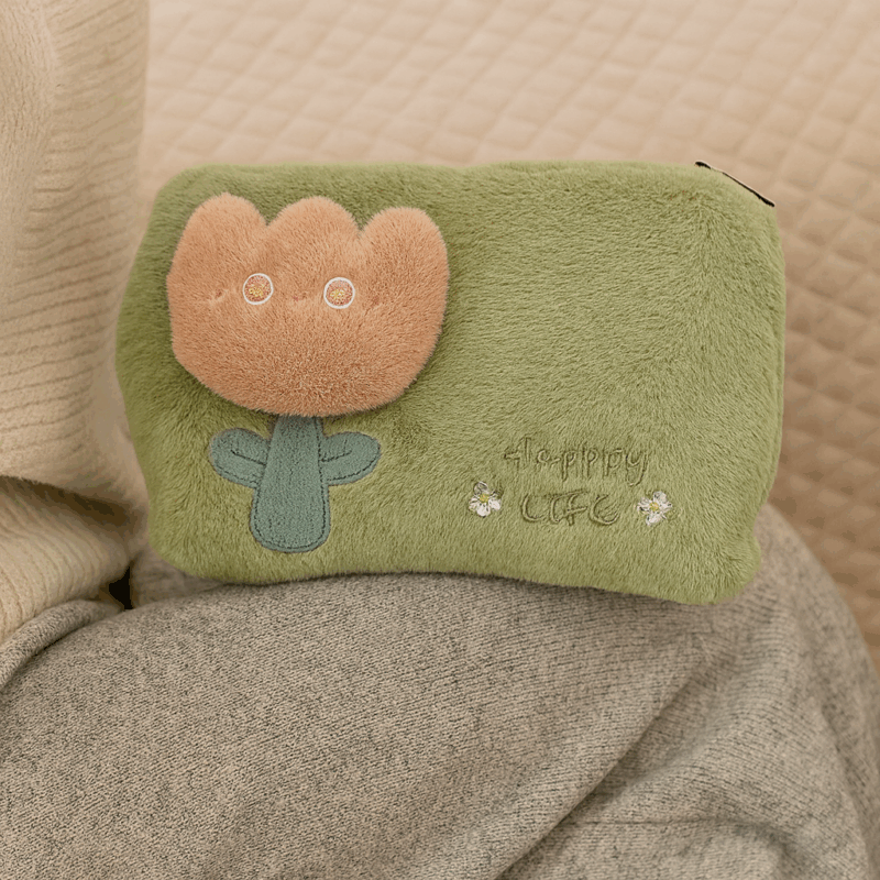 Saco de Água Quente Elétrico Recarregável – Bolsa Térmica com Capa Felpuda Removível (Flor Happy Life), Aquecedor Portátil e Seguro, Ideal para Mãos, Pés e Corpo