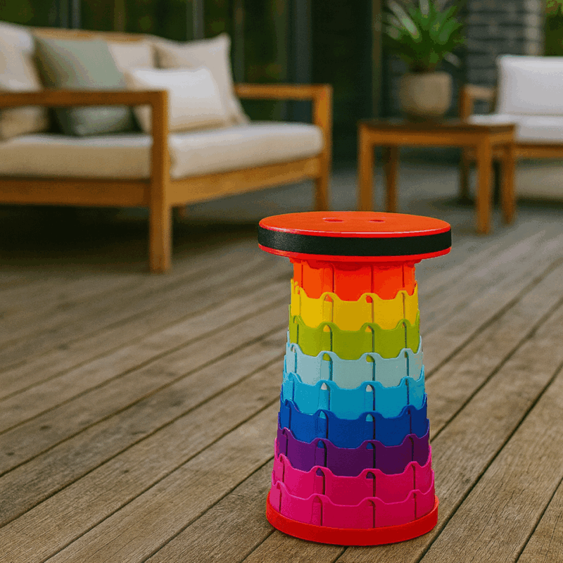 Banco retrátil dobrável arco-Íris - Banco portátil telescópico, cor vermelha, altura ajustável 6,5 a 45 cm, suporta até 130 kg, Alça ajustável para transporte, Ideal para piqueniques, campismo e eventos ao ar livre