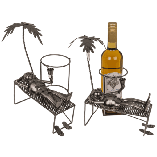 Suporte para Garrafa em Metal – Amante de Viagens, Design Criativo e Decorativo, Ideal para Exibir Garrafas de Vinho, Material Resistente e Durável, Dimensões: 20 × 15 × 15 cm