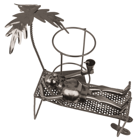 Suporte para Garrafa em Metal – Amante de Viagens, Design Criativo e Decorativo, Ideal para Exibir Garrafas de Vinho, Material Resistente e Durável, Dimensões: 20 × 15 × 15 cm