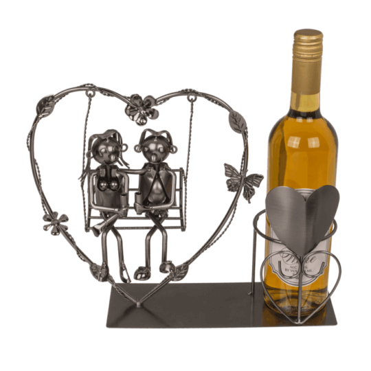 Suporte para Garrafa em Metal – Casal no Baloiço dentro de um Coração, Design Romântico e Criativo, Ideal para Exibir Garrafas de Vinho, Material Resistente e Durável, Dimensões: 27 × 9 × 20 cm